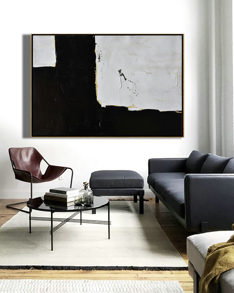 Huge Canvas Art On Canvas,Horizontal Palette Knife Minimal Canvas Art Painting Black White Beige - Large Abstract Art Handmade Acrylic Painting